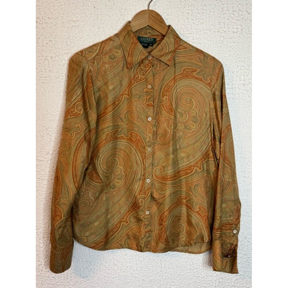 Vintage Y2K Silk Ralph Lauren Paisley Button-Down Shirt in Olive Green & Rust
